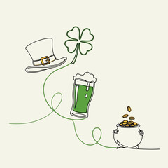 St Patricks Day line drawing shows leprechaun hat, four leaf clover, green beer. Design features pot of gold, embodying Irish celebration and St Patricks Day spirit.
