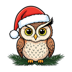 Fototapeta premium Festive wide-eyed owl in a Santa hat, perched for holiday season