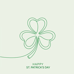 Green shamrock line art illustration, continuous line for St. Patrick's Day. Elegant St. Patrick's Day design features Irish clover, representing luck. Concept St. Patrick's Day for greeting cards,