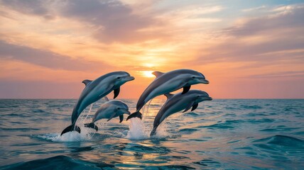 Fototapeta premium Dolphins leaping at sunset