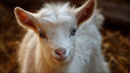 Obraz premium Close-up of a charming, fluffy white baby goat with bright eyes, peering directly at the viewer