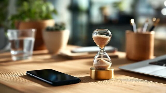 A small &ldquo;offline hour&rdquo; ritual hourglass next to turned off phone still life no logos digital detox focus time mindfulness hourglass minimal desk with copy space