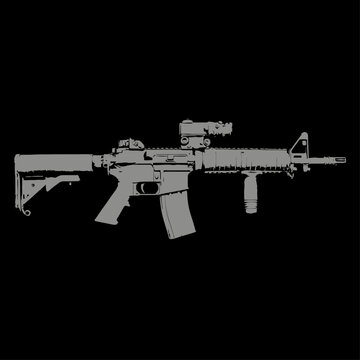 Detailed illustration of a modern tactical assault rifle carbine with optical sight and foregrip on a solid black background.
