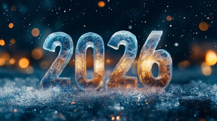 Icy 2026 numerals glowing against dark snowy background, perfect festive backdrop for New Year party invitations and holiday greetings.