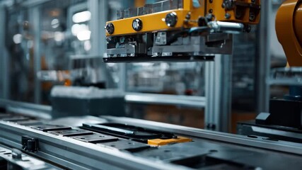 Medium shot of automated metal clamps assembly line showcasing precision machinery in a highvolume industrial factory environment.