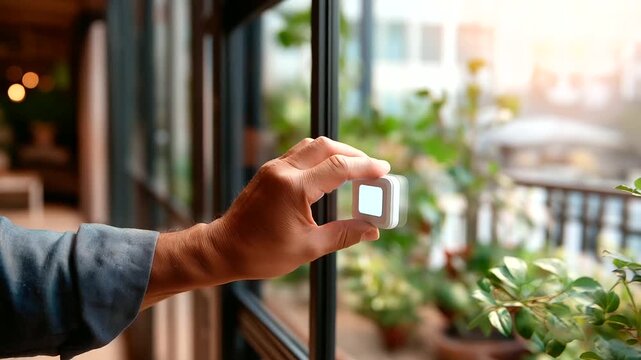 Close up of smart sensor on window blinking person tapes a small note &ldquo;check later&rdquo; but unreadable faceless calm troubleshooting smart sensor blinking light maintenance