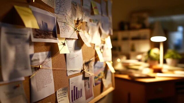 Corkboard full of printed charts pinned with pushpins lines drawn by marker string connecting insights no readable text cozy home office wall analog data data visualization