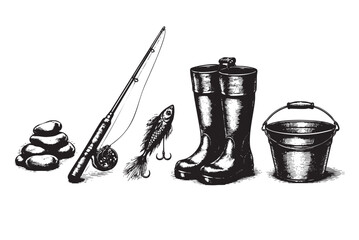 A detailed black and white illustration of essential fishing equipment including a rod, reel, artificial lure, boots, and a bucket, rendered in a sketch style for a rustic feel.