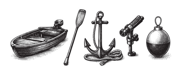 A vintage illustration featuring a wooden rowboat, oar, anchor with rope, telescope, and buoys, rendered in a detailed black and white engraving style on a white background.