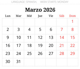 March 2026 Spanish calendar month planner - Marzo. Monthly vector illustration Spain