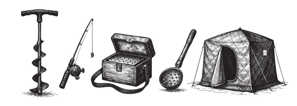 A detailed vintage illustration showcases essential ice fishing equipment, including an auger, fishing rod, tackle box, ice scoop, and tent, presented against a clean white background.