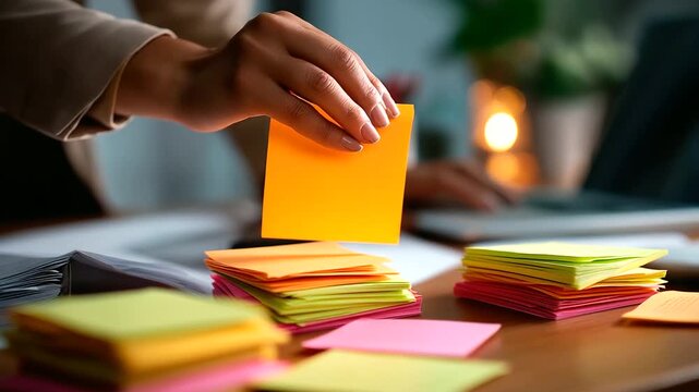 Desk scene with scattered sticky flags and printed pivot table pages hand collecting them into neat piles no readable text organizing data analog workflow productivity