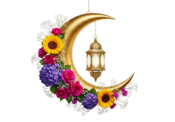 golden crescent moon with colorful flowers and hanging lantern for ramadan eid mubarak