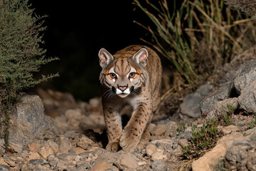 Obraz premium Puma prowling silently across rocky terrain during nighttime in a natural habitat