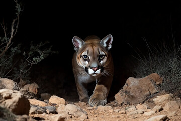 Puma prowling silently across rocky terrain at night under the moonlight in a wilderness setting