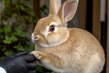 Rabbit receives a health check-up at a small veterinary clinic in the afternoon sunlight