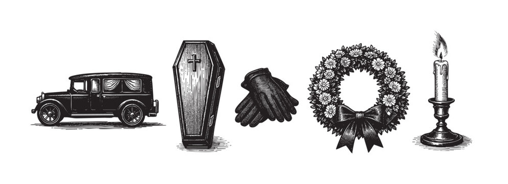 A vintage black and white illustration showcases funeral icons including a hearse, coffin, gloves, wreath, and a candle, evoking a somber and historical mood.