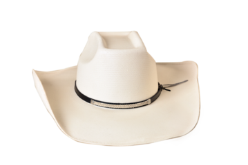 Cowboy-style straw hat with black ribbon isolated on a white background; straw hat for head protection for both men and women.