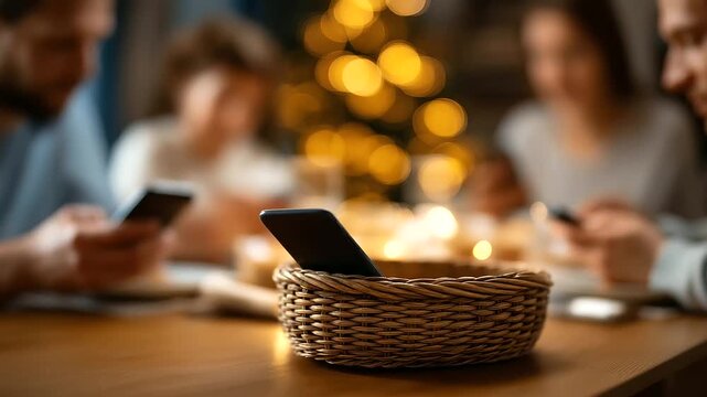 Family living room everyone&rsquo;s faces out of frame basket collecting phones during dinner warm light no readable text digital detox dinner family time device basket tech