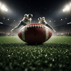 Football players jump to catch a pass during a game at a stadium under bright lights in the evening