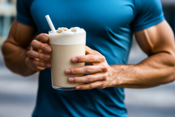Runner stretches while holding a protein shake outdoors during morning exercise routine