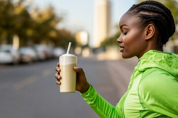 Runner stretches while holding a protein shake in urban setting during early morning workout