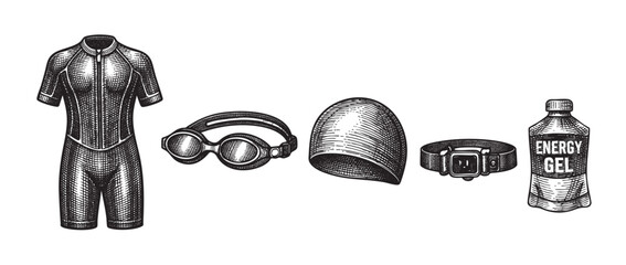 A black and white engraving-style illustration of essential swimming equipment including a wetsuit, goggles, swim cap, watch, and energy gel packet, perfect for sports and fitness themes.