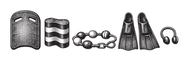 A detailed black and white illustration depicts various vintage swimming accessories including a kickboard, swimming fins, a beaded bracelet, and headphones on a white background.