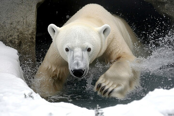 Polar bear dives into water during winter in its natural habitat