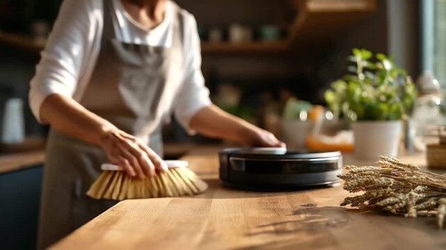 Kitchen counter robot vacuum dock unplugged person sweeping with a classic broom face not visible choosing simple tools broken automation analog chores minimal living tech