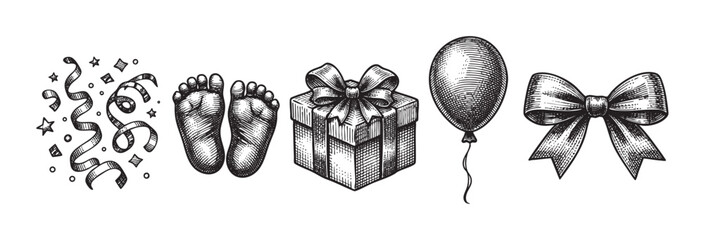 A charming black and white sketch collage of baby feet, a gift box, balloon, bow, and confetti, perfect for celebrating new life and special occasions.