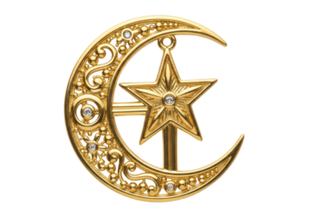 golden crescent moon star pendant jewelry with filigree design on white background