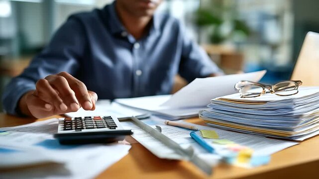 Messy desk with stapled reports ruler calculator and highlighters partial person visible but faceless shallow depth defocused background manual analytics paperwork office