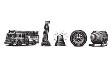 A hand-drawn illustration in black and white features a vintage fire truck, ladder, siren, wheel, and hose, perfect for themes of emergency services and rescue.