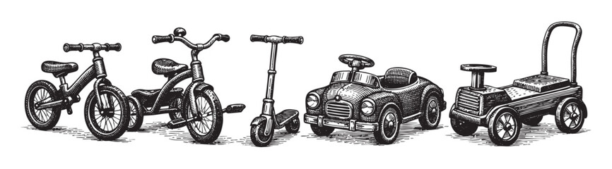 A vintage woodcut-style illustration features a collection of children's ride-on toys, including tricycles, a scooter, a car, and a wagon, presented against a clean white background.