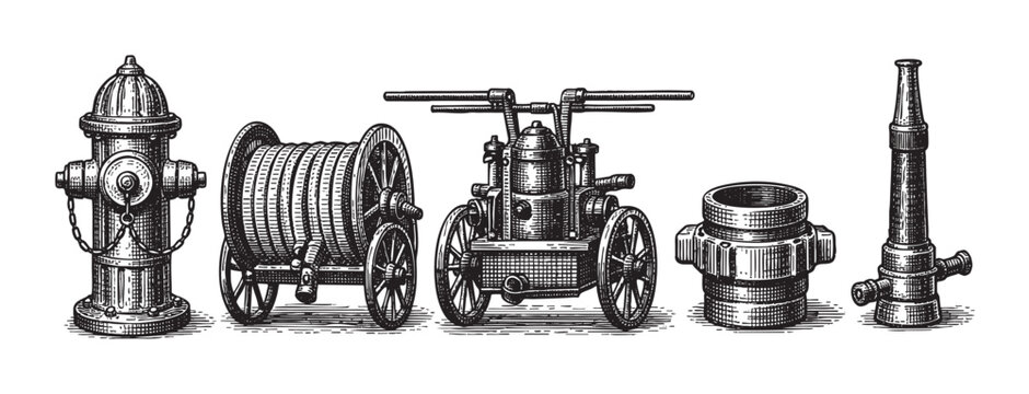 A detailed black and white etching style illustration showcases antique firefighting equipment including a hydrant, hose reel, cart, coupling, and nozzle on a clean white background.