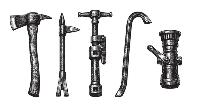 Black and white illustration of firefighter tools including an axe, claw hammer, sledgehammer, crowbar, and hose nozzle, presented in a clean, graphic style on a white background.