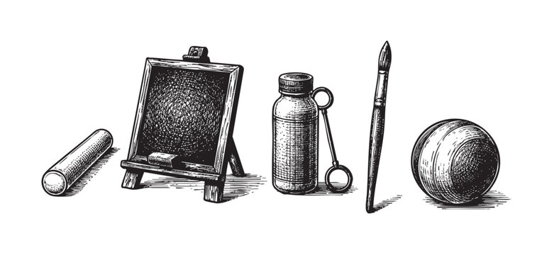 A black and white ink drawing of vintage art supplies, including chalk, an easel chalkboard, ink bottle, paintbrush, and ball, presented in a retro, illustrative style.