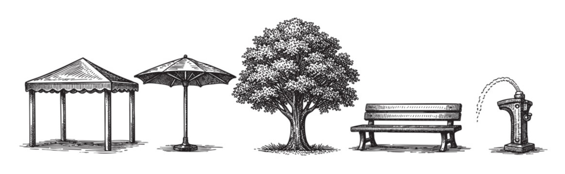 A black and white ink sketch of several park elements including a gazebo, umbrella, tree, bench, and hydrant.