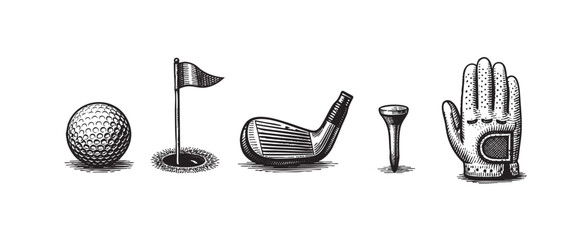 A vintage-style, black and white illustration features a golf ball, flag in hole, club, tee, and glove arranged in a horizontal line on a white background.