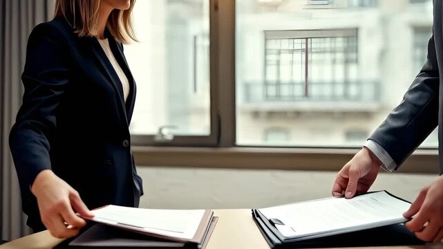 man and woman in business suits shaking hands and then exchanging document folders in an office