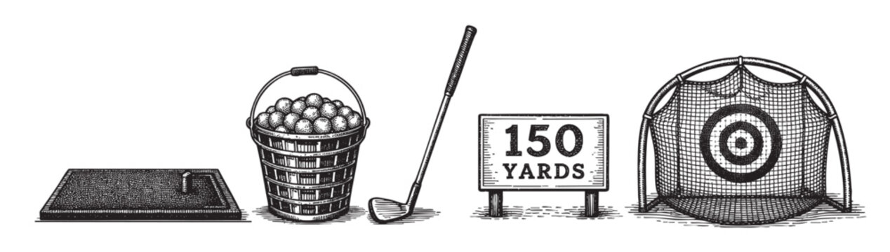 This vintage illustration depicts a golf practice setup including a tee mat, bucket of balls, golf club, yardage sign, and a practice net.