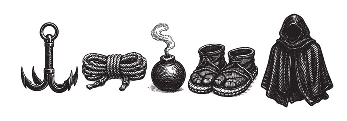 A collection of engraved black and white objects including a nautical anchor, coiled rope, smoking bomb, and hooded cloak, suggesting themes of adventure, mystery, and danger.