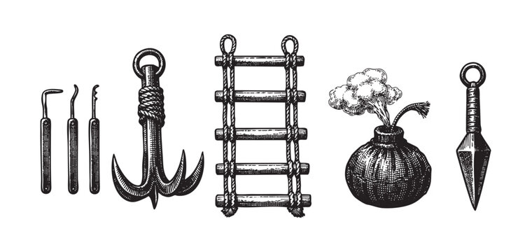A detailed black and white illustration showcases a collection of retro tools and weapons, including lock picks, an anchor, a rope ladder, a bomb, and a shuriken.