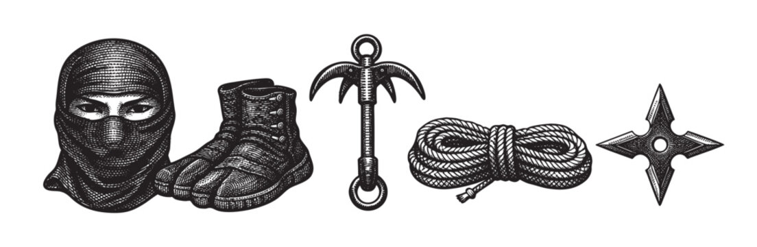 A black and white, vintage style illustration of ninja gear including a balaclava, tabi boots, grappling hook, rope, and shuriken on a white background.
