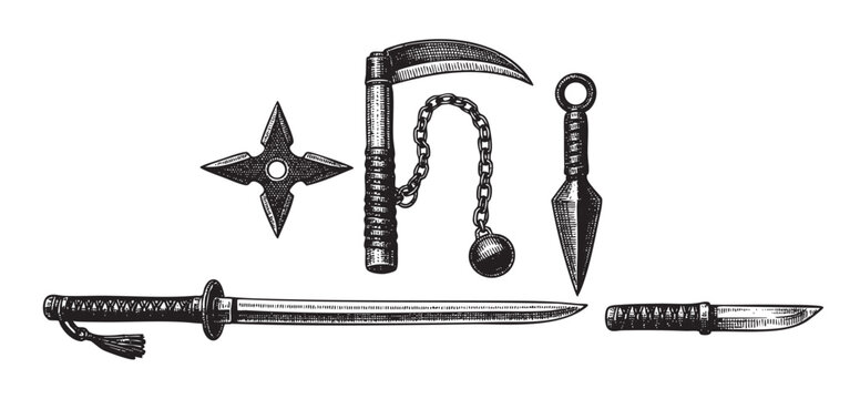 A vintage illustration showcases a collection of traditional Japanese ninja weapons including a katana, kunai, shuriken, kusarigama, and a dagger, presented on a white background.