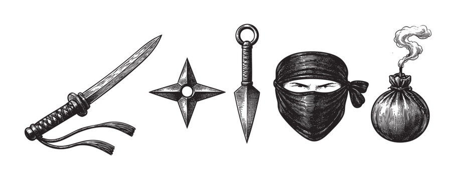 A vintage, hand-drawn illustration showcases a collection of traditional ninja weapons including a katana, shuriken, and kunai, alongside a masked face and a smoking bomb.