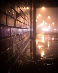 Urban cityscape at blue hour with wet reflections on the ground. Dusk shot captures moody tones and glowing street lights in a long exposure view.
