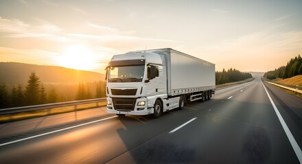 White Semi Truck Driving on Highway With Mountains in the Background During Sunset