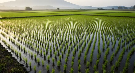 Verdant Rice Paddy Field Reflections Underneath the Mountain Scenery on a Farm